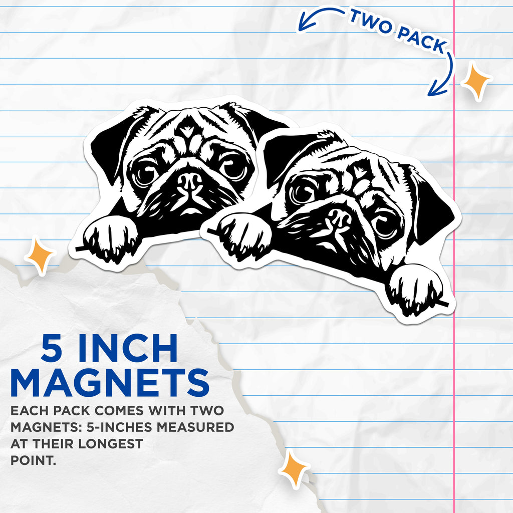 (2 Pack) Cute Pug Dog Magnets - Minimalist Pet Lover Refrigerator Decor - Funny Puppy Art for Pug Owners - 5 Inches On Longest Side - Thick Durable Magnet - Made in USA - MAG37517