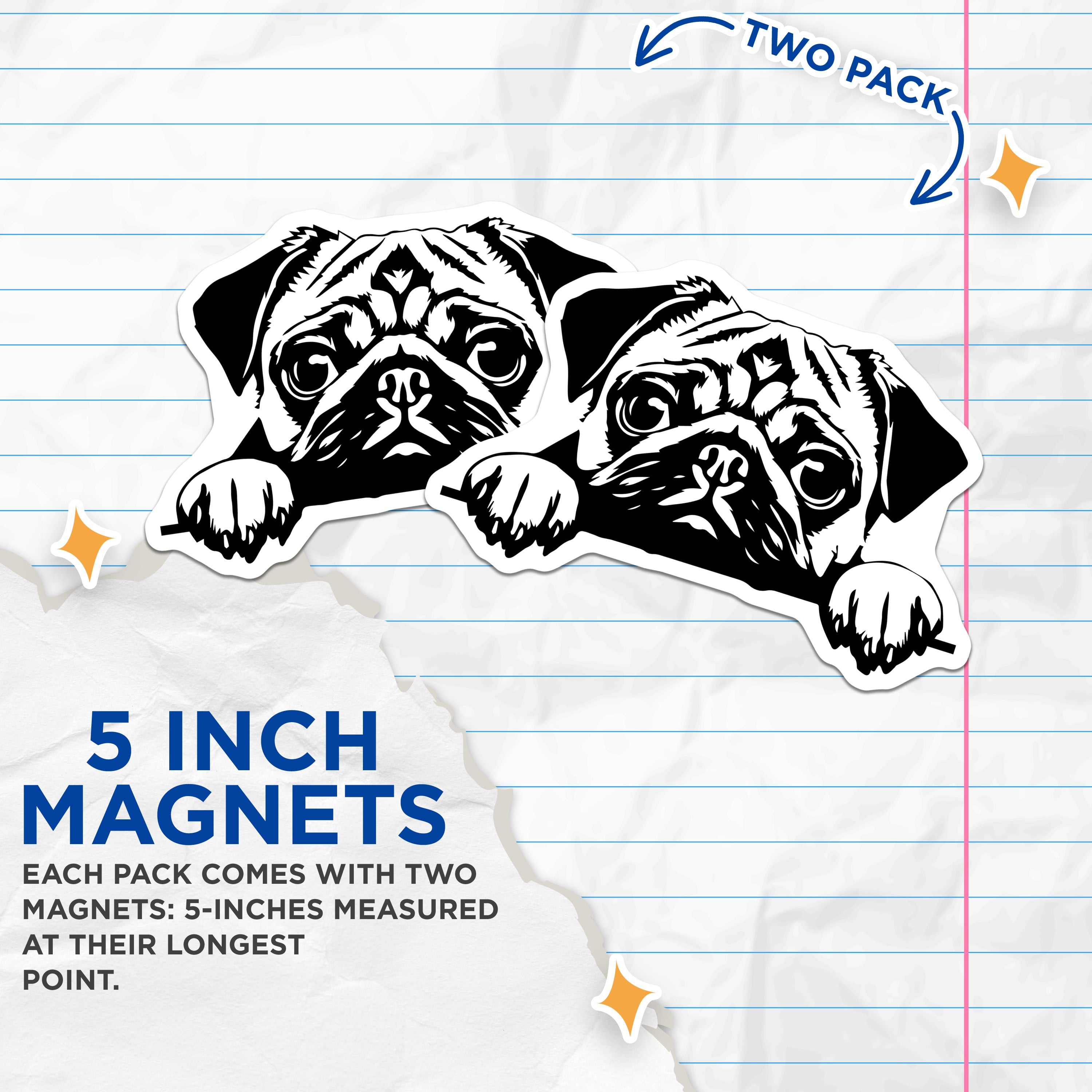 (2 Pack) Cute Pug Dog Magnets - Minimalist Pet Lover Refrigerator Decor - Funny Puppy Art for Pug Owners - 5 Inches On Longest Side - Thick Durable Magnet - Made in USA - MAG37517