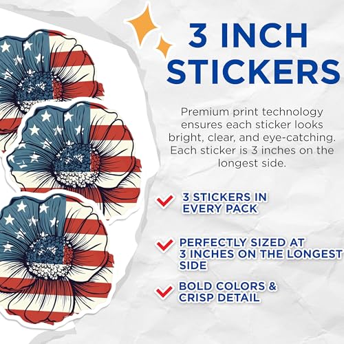 (3 Pack) American Flower Decals - Patriotic Floral Stickers - USA Flag Decal - 3 Inches On Longest Side - Easy Peel & Apply - Made in USA - 3MCS7732