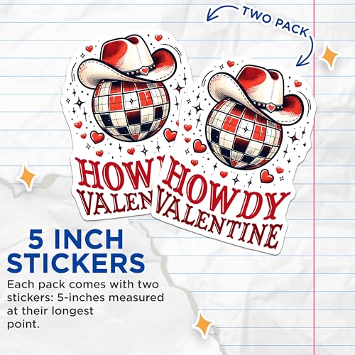 (2 Pack) Valentine's Day Stickers - Howdy Valentine Stickers - Cute Cowboy Hat Stickers - Disco Ball Stickers - 5" On Longest Side - Sticks to Any Smooth Flat Surface - Made in USA - BMCS3143