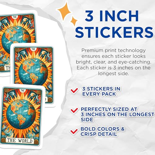 (3 Pack) The World Tarot Card Decals - Laptop Decal - Bohemian Decal - 3 Inches On Longest Side - Easy Peel & Apply - Made in USA - 3MCS1124