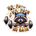 (2 Pack) No Pain No Gain Stickers - Racoon Gym Theme Stickers - Motivational Fitness Stickers - 5" On Longest Side - Sticks to Smooth Flat Surfaces - Made in USA - BMCS4531