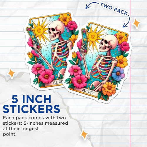 (2 Pack) Colorful Skeleton Stickers - Sunflower Skull Sticker - Floral Skeleton Art Decal - 5" On Longest Side - Sticks to Smooth Flat Surfaces - Made in USA - BMCS9447