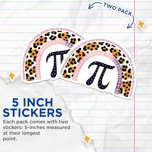 (2 Pack) Pi Day Math Stickers - Leopard Rainbow Math Humor - Unique Pi Nerd - 5" On Longest Side - Sticks to Smooth Flat Surfaces - Made in USA - BMCS8166