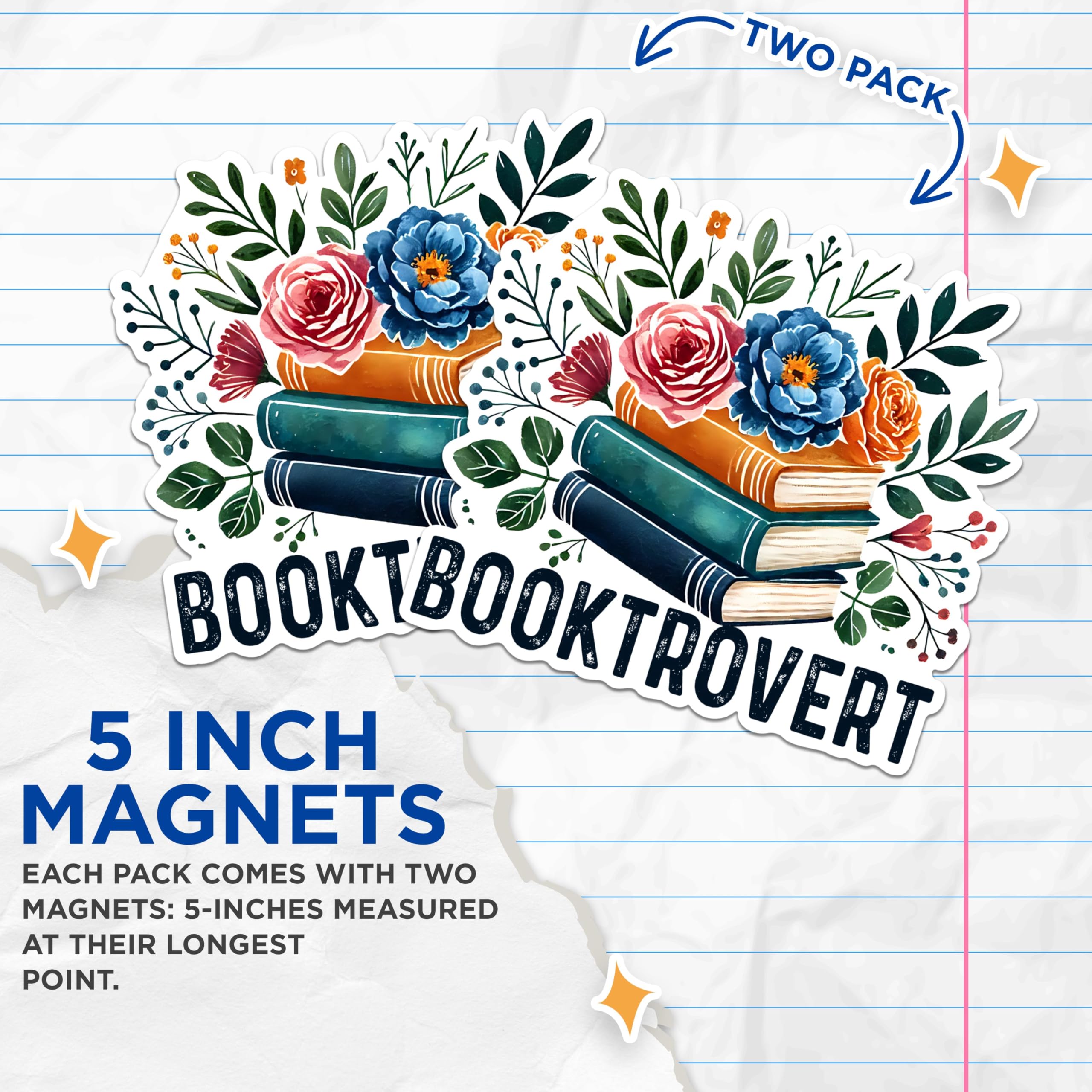 (2 Pack) Booktrovert Magnets - Floral Book Lover Magnets - Bookworm Magnets for Readers- 5" On Longest Side - for Fridges, Toolboxes, Cars - Made in USA - MAG2756