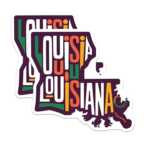 (2 Pack) Louisiana State Stickers - Southern State Emblem Stickers - Colorful Louisiana Map Stickers - 5" On Longest Side - Sticks to Smooth Flat Surfaces - Made in USA - BMCS3903