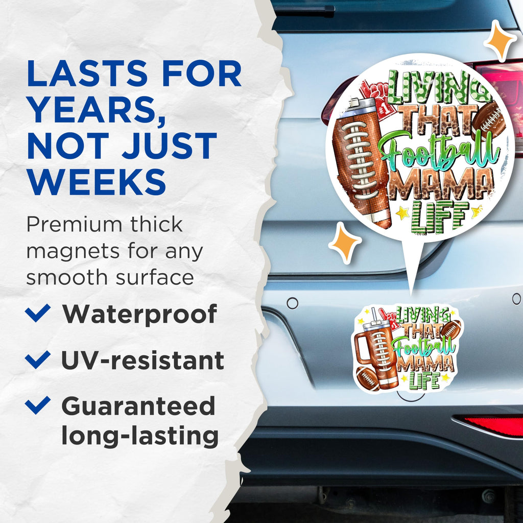 (2 Pack) Living that Football Mama Life Magnets - Game Day Mom - Sports Parent Refrigerator Decor - 5 Inches On Longest Side - Thick Durable Magnet - Made in USA - MAG29556