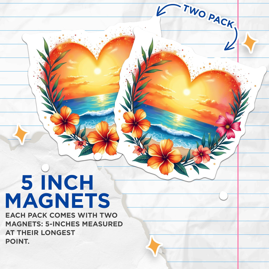 (2 Pack) Tropical Sunset Heart Magnets - Beach Ocean Decor - Hawaiian Floral Theme - 5 Inches On Longest Side - Thick Durable Magnet - Made in USA - MAG26622