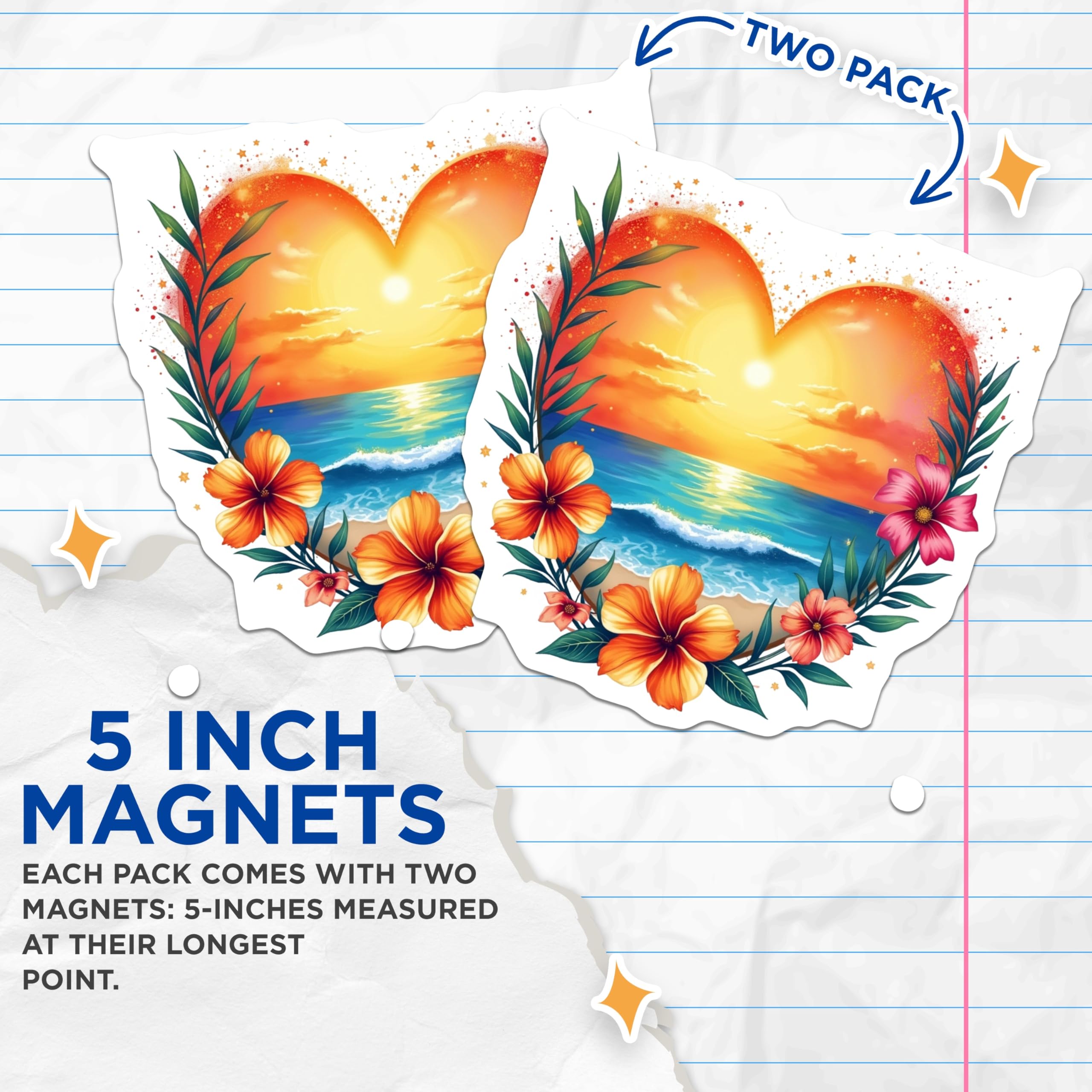 (2 Pack) Tropical Sunset Heart Magnets - Beach Ocean Decor - Hawaiian Floral Theme - 5 Inches On Longest Side - Thick Durable Magnet - Made in USA - MAG26622
