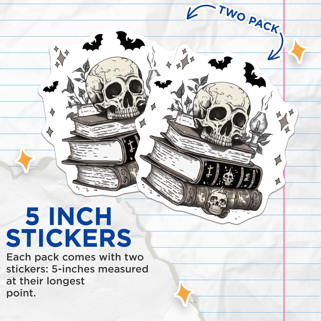 (2 Pack) Skull and Books Stickers - Halloween Decor - Gothic Library Decor - Horror Skull Art - 5" On Longest Side - Sticks to Smooth Flat Surfaces - Made in USA - BMCS8822 - Spooky Sticker Set