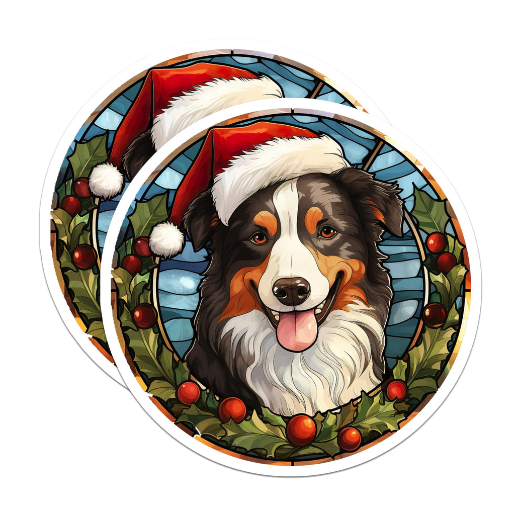 (2 Pack) Christmas Aussie Dog Magnets - Santa Hat Pet - Stained Glass Holiday Decor for Fridge - 5 Inches On Longest Side - Thick Durable Magnet - Made in USA - MAG28143