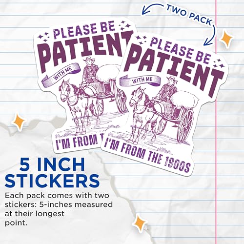 (2 Pack) Please Be Patient Stickers - Funny Retro Stickers - Humor Decal for Laptops, Water Bottles, and Journals - 5" On Longest Side - Sticks to Any Smooth Flat Surface - Made in USA - BMCS3544