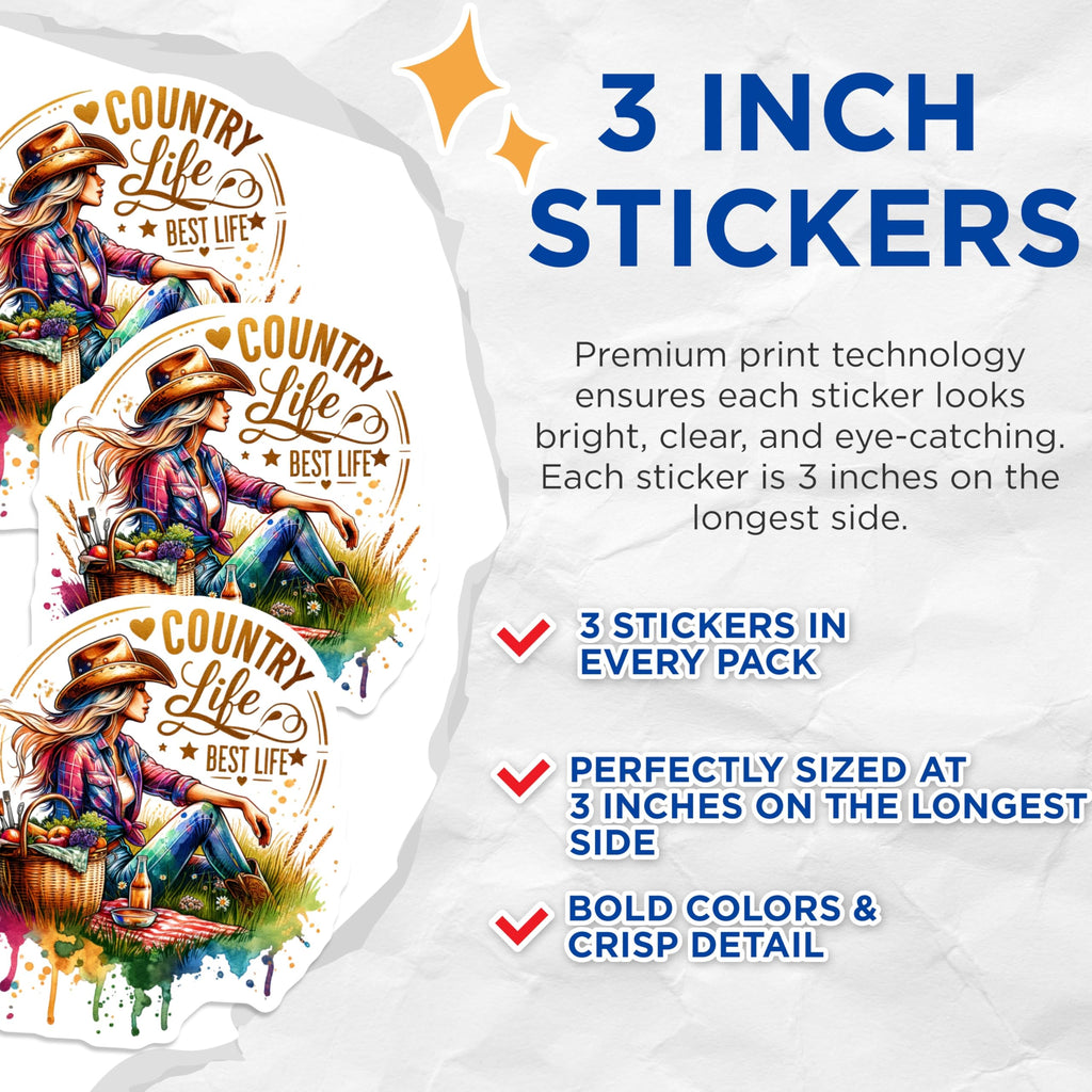 (3 Pack) Country Life Decals - Cowgirl Decal - Picnic Decal- 3 Inches On Longest Side - Easy Peel & Apply - Made in USA - 3MCS5367