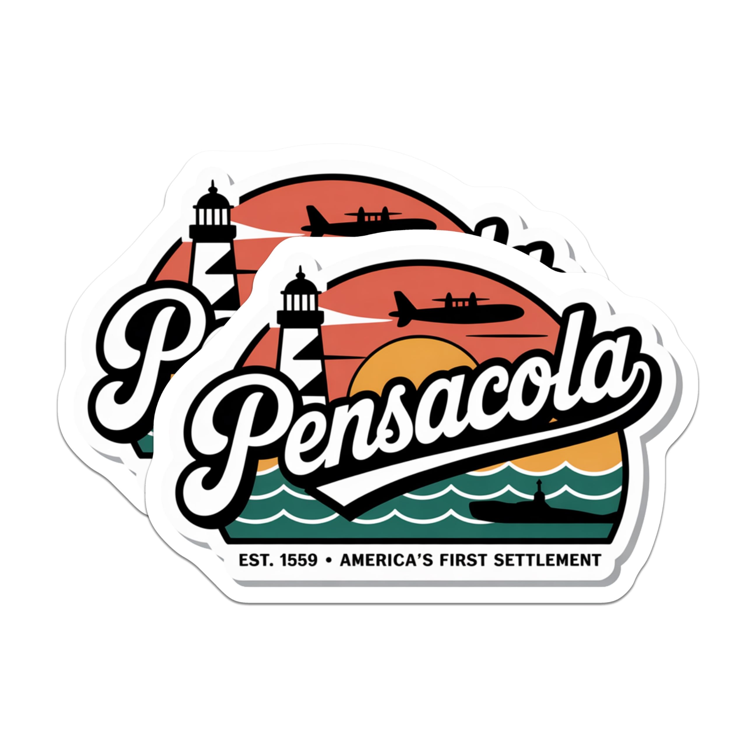 (2 Pack) Pensacola Florida Magnets - America First Settlement Landmark - Vintage Lighthouse Biplane Submarine Scene - 5 Inches On Longest Side - Thick Durable Magnet - Made in USA - MAG19482