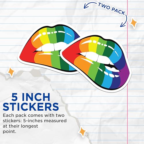 (2 Pack) Rainbow Lips Stickers - LGBTQ+ Pride Stickers - Colorful Lips Stickers for Pride Events - 5" On Longest Side - Sticks to Smooth Flat Surfaces - Made in USA - BMCS5148