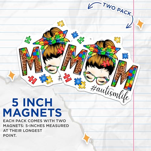 (2 Pack) Mom Autism Awareness Magnets Magnets - Puzzle Piece Pattern - Proud Mom Design - 5" On Longest Side - Made in USA - Sticks to Refrigerators & Metal Surfaces - MAG9002