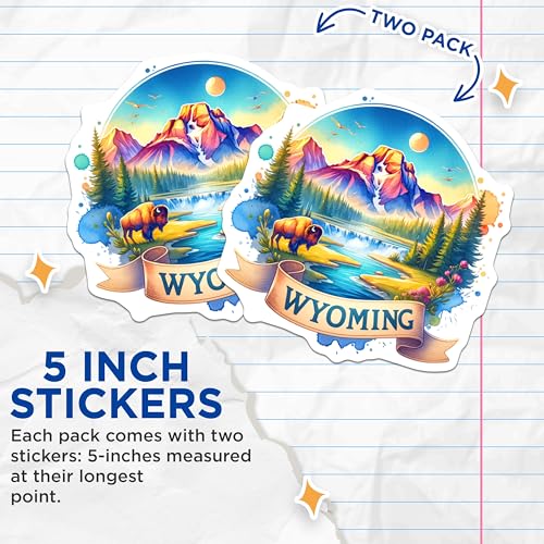 (2 Pack) Wyoming Stickers - Wildlife Art - Nature Scenery - Travel Destination - Adventure Decal - Mountain Landscape - 5" On Longest Side - Sticks to Smooth Flat Surfaces - Made in USA - BMCS6643