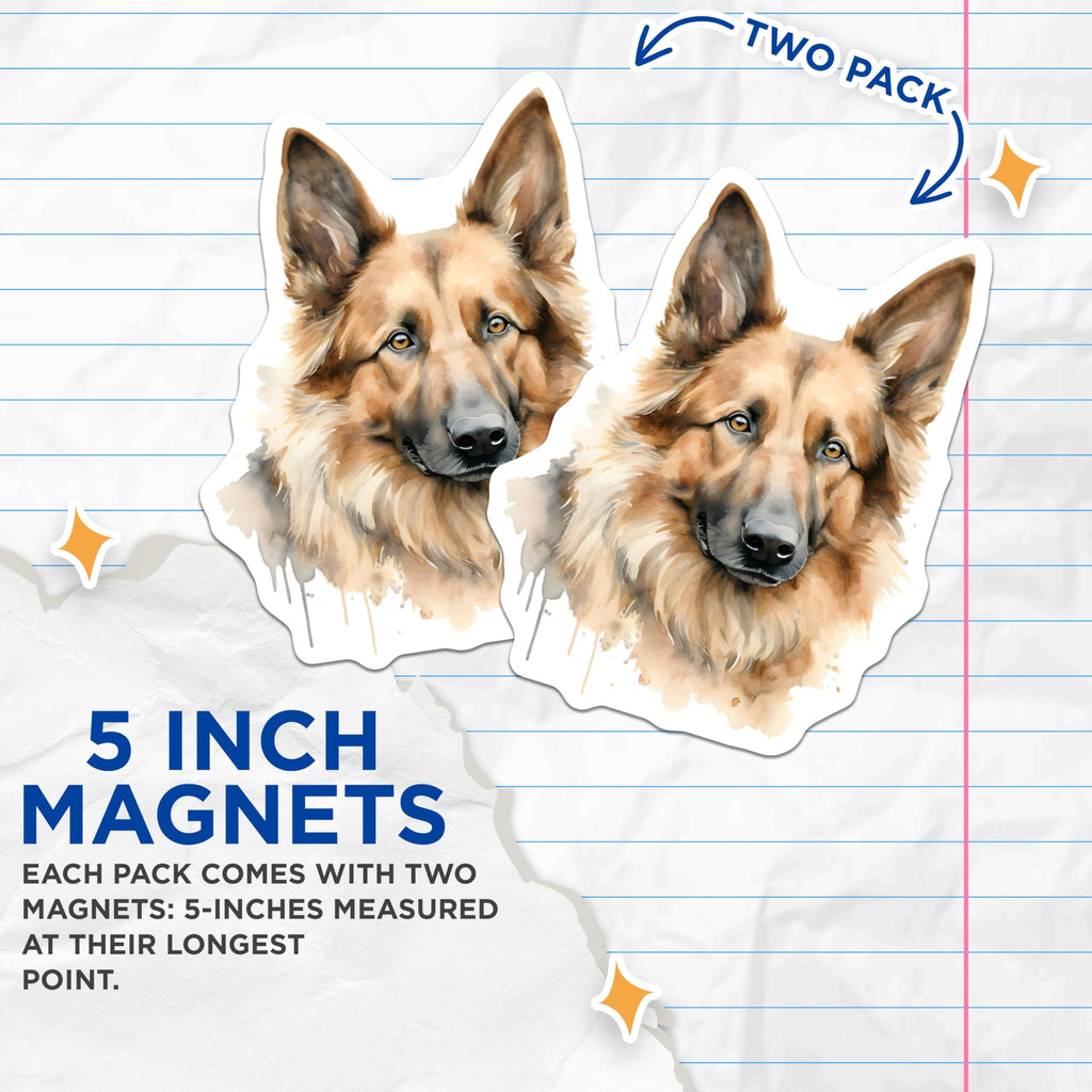 (2 Pack) German Shepherd Magnets - Dog Mom Decor - Pet Remembrance Art - Watercolor Canine Magnet - 5 Inches On Longest Side - Thick Durable Magnet - Made in USA - MAG27227