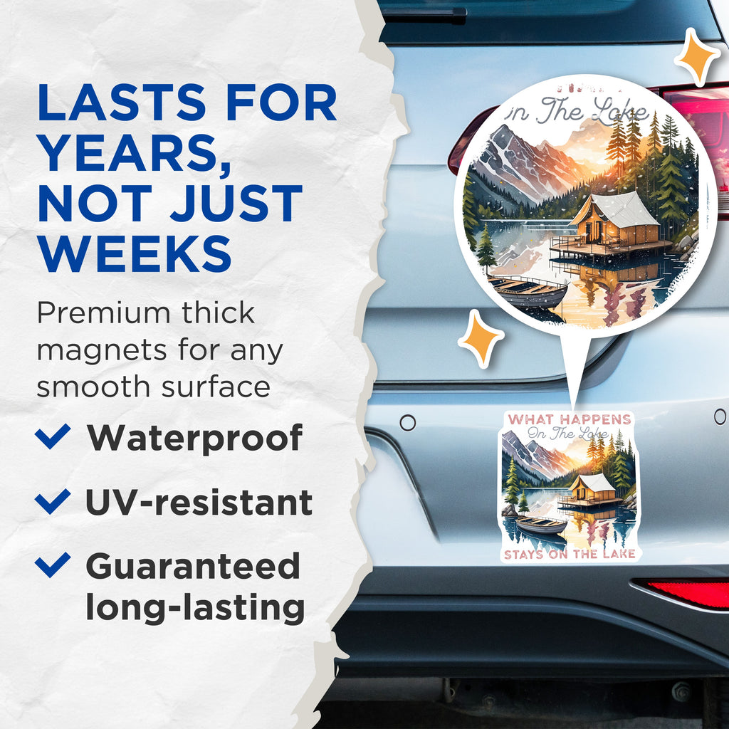 (2 Pack) Lake Life Magnets - What Happens On The Lake Stays On The Lake - Cabin Decor - Outdoor Adventure Decor - 5 Inches On Longest Side - Thick Durable Magnet - Made in USA - MAG37911
