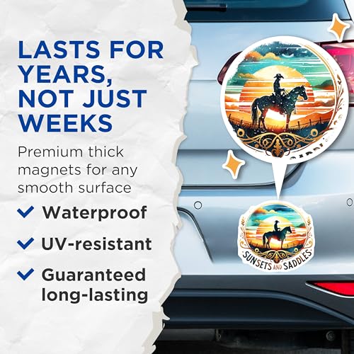 (2 Pack) Western Sunset Magnets - Cowboy Decor - Horse Rider Art - Country Home Magnets - 5" On Longest Side - for Cars, Fridges, Toolboxes - Made in USA - MAG6718