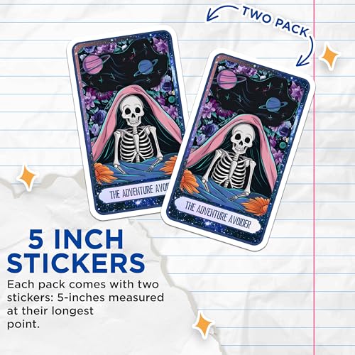 (2 Pack) The Adventure Avoider Stickers - Skeleton Tarot Sticker - Cosmic Illustration Stickers - 5" On Longest Side - Sticks to Smooth Flat Surfaces - Made in USA - BMCS9991