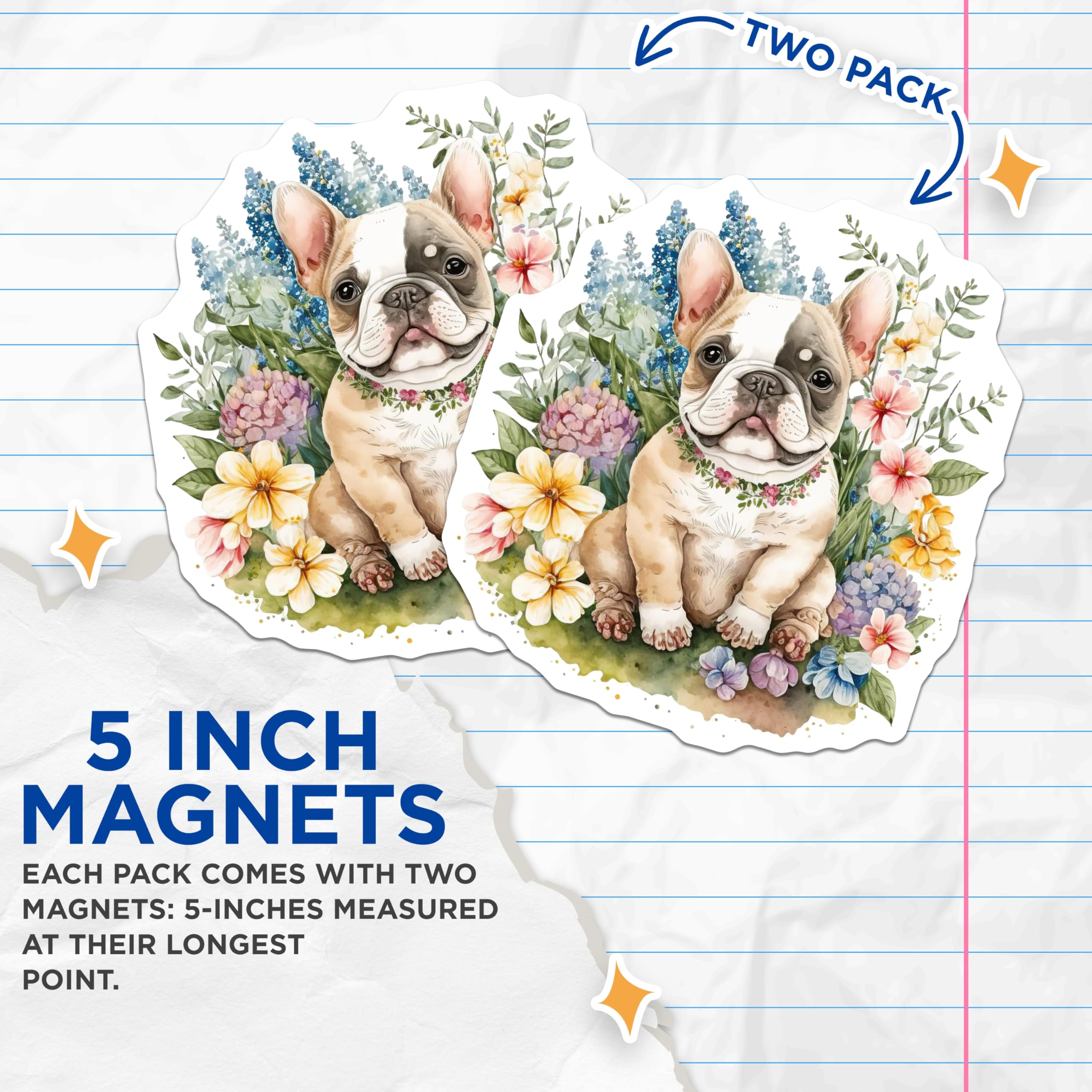 (2 Pack) French Bulldog Magnets - Floral Puppy Decor - Dog Breed Refrigerator Magnets - 5" On Longest Side - Premium Magnet - for Cars, Refrigerators, Toolboxes, Lockers - Made in USA - MAG15152