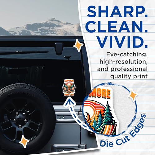 (2 Pack) Camp More Worry Less Stickers - Outdoor Camping Decals - Retro Adventure Vinyl Stickers - 5" On Longest Side - Sticks to Smooth Flat Surfaces - Made in USA - BMCS6922