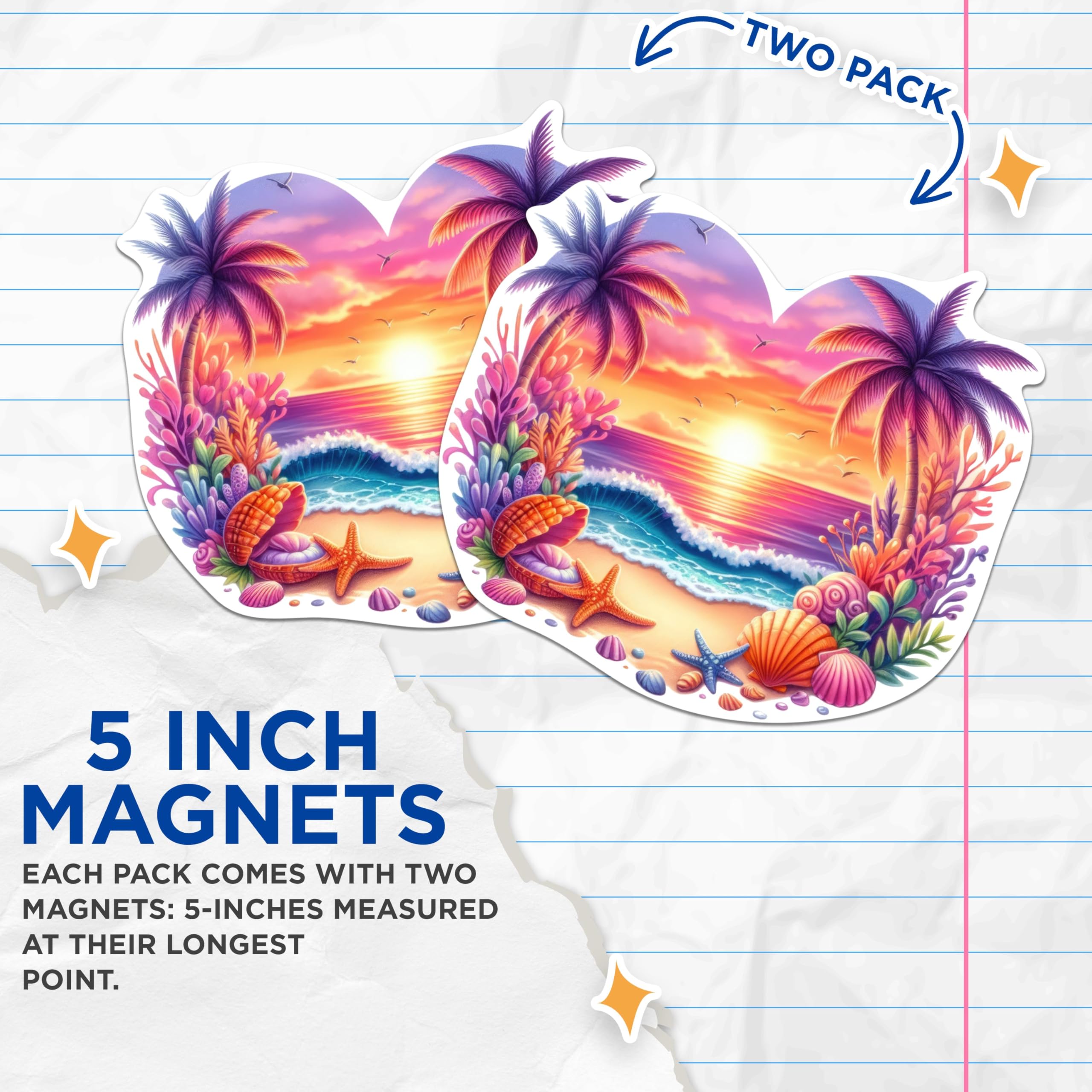 (2 Pack) Ocean Sunset Coastal Beach Magnets - Ocean Lover Beach Bum Magnets - 5 Inches On Longest Side - Premium Magnet - for Cars, Refrigerators, Toolboxes - Made in USA - MAG2228