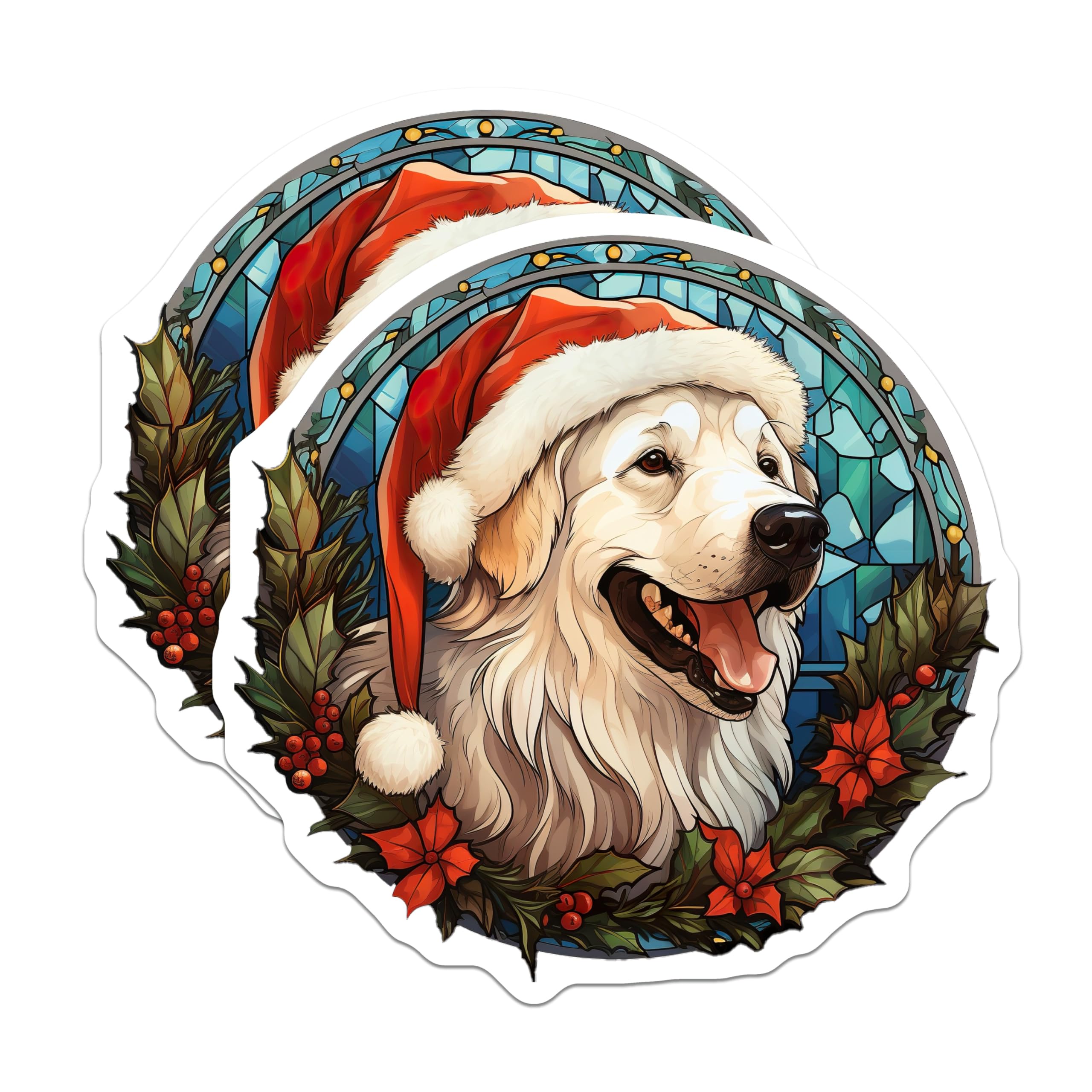 (2 Pack) Christmas Golden Retriever Magnets - Santa Hat Dog Art - Holiday Stained Glass Decor - 5 Inches On Longest Side - Thick Durable Magnet - Made in USA - MAG30269