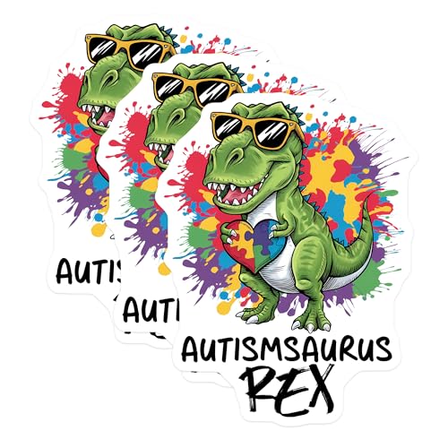 (3 Pack) Autism Awareness Decals - Autism T Rex - Autism Puzzle Heart - 3 Inches On Longest Side - Easy Peel & Apply - Made in USA - 3MCS7184