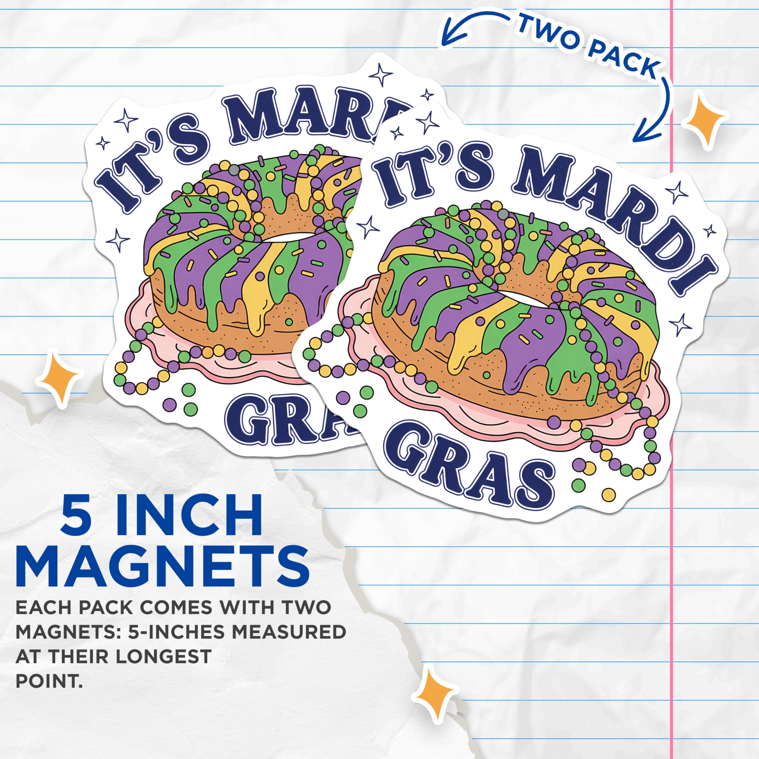 (2 Pack) Mardi Gras Magnets - King Cake Decor - Party Celebration Refrigerator Magnets - 5" On Longest Side - Premium Magnet - for Cars, Refrigerators, Toolboxes, Lockers - Made in USA - MAG14840