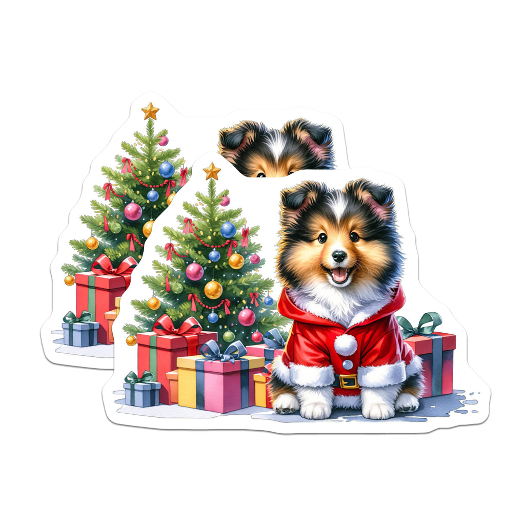 (2 Pack) Christmas Sheltie Magnets - Santa Puppy Dog Lover Holiday Decor - Shetland Sheepdog Festive Winter Scene - 5 Inches On Longest Side - Thick Durable Magnet - Made in USA - MAG23334