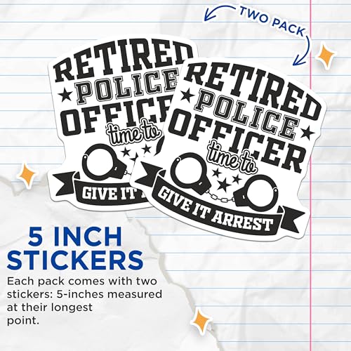 (2 Pack) Retired Police Officer Stickers - Humorous Law Enforcement - Retirement Police Badge Decal - 5" On Longest Side - Sticks to Smooth Flat Surfaces - Made in USA - BMCS5817