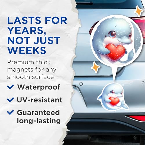 (2 Pack) Dolphin Heart Magnets - Cute Animal Magnets - Ocean Lover - Cute Dolphin Magnet - Fun Refrigerator Magnets - 5" On Longest Side - for Cars, Fridges, Toolboxes - Made in USA - MAG3633