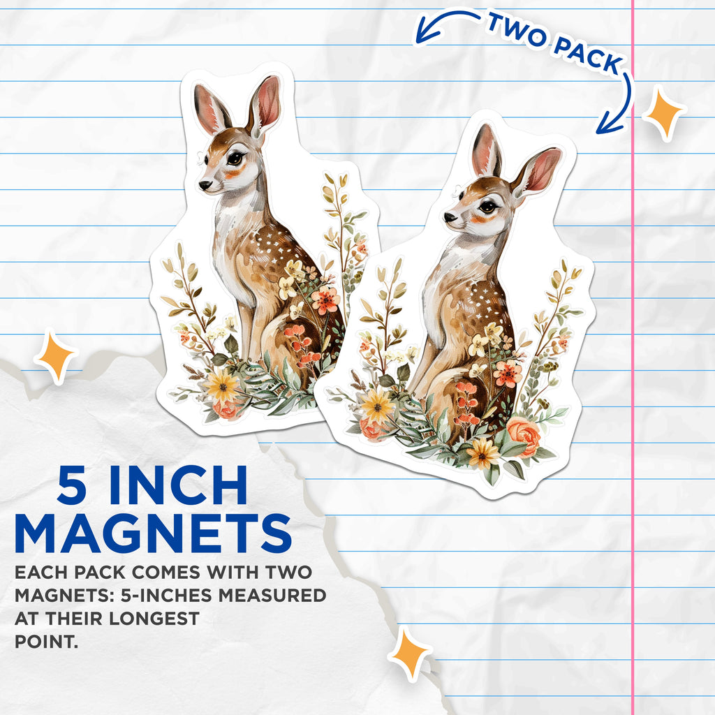 (2 Pack) Whimsical Fawn Magnets - Woodland Animal Decor - Floral Art Refrigerator Holder - 5 Inches On Longest Side - Thick Durable Magnet - Made in USA - MAG39038