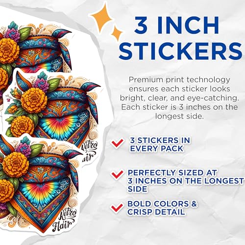 (3 Pack) Retro Flair Decals - Floral Bandana Design - Colorful Laptop Decals - 3 Inches On Longest Side - Easy Peel & Apply - Made in USA - 3MCS4911