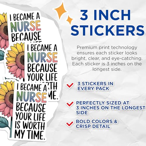(3 Pack) Nurse Sunflower Decals - Healthcare Decal - Laptop Decals- 3 Inches On Longest Side - Easy Peel & Apply - Made in USA - 3MCS5871