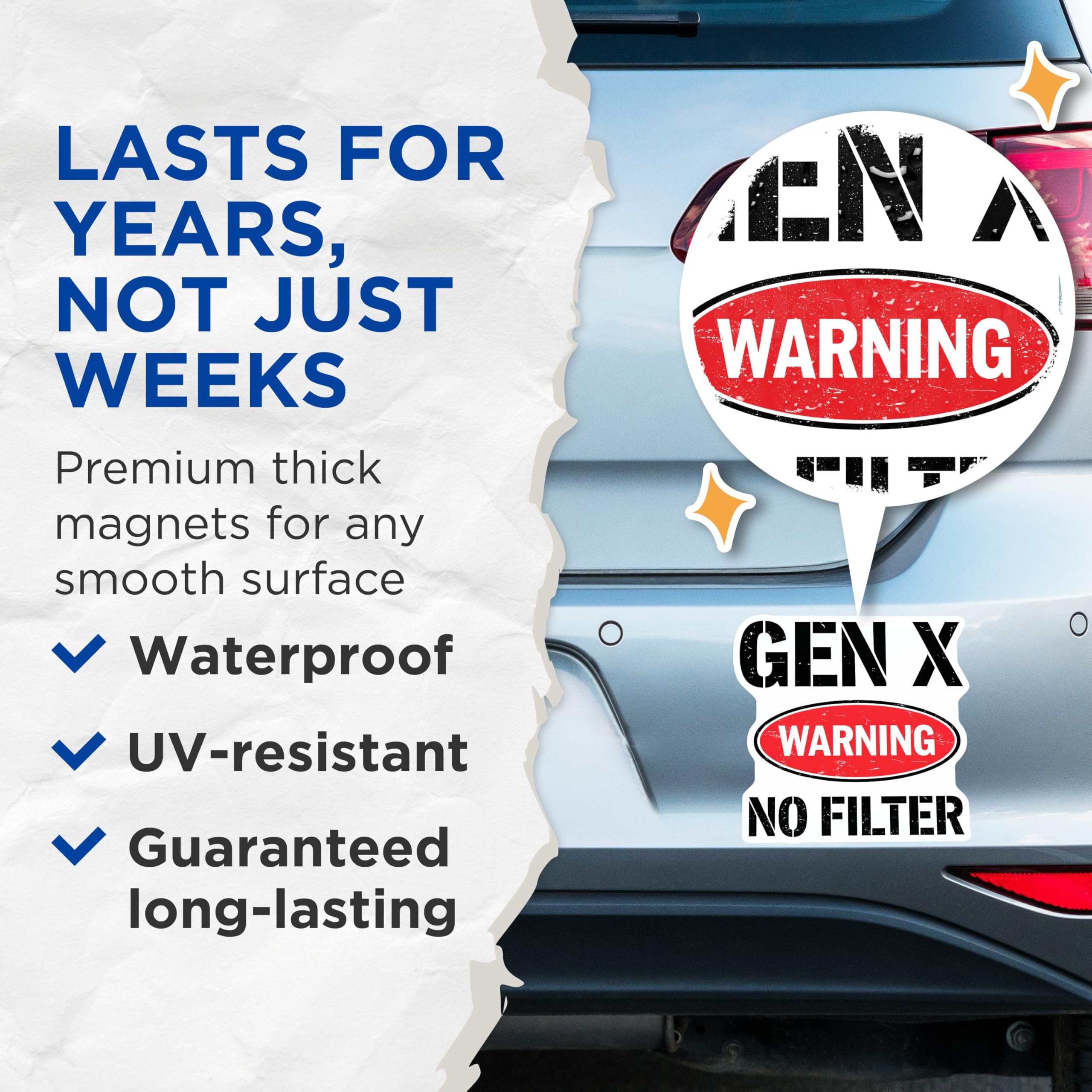 (2 Pack) Gen X Warning Magnets - No Filter Magnets - Gen X Decor - Fun Fridge Magnets - 5" On Longest Side - for Cars, Fridges, Toolboxes - Made in USA - MAG5602