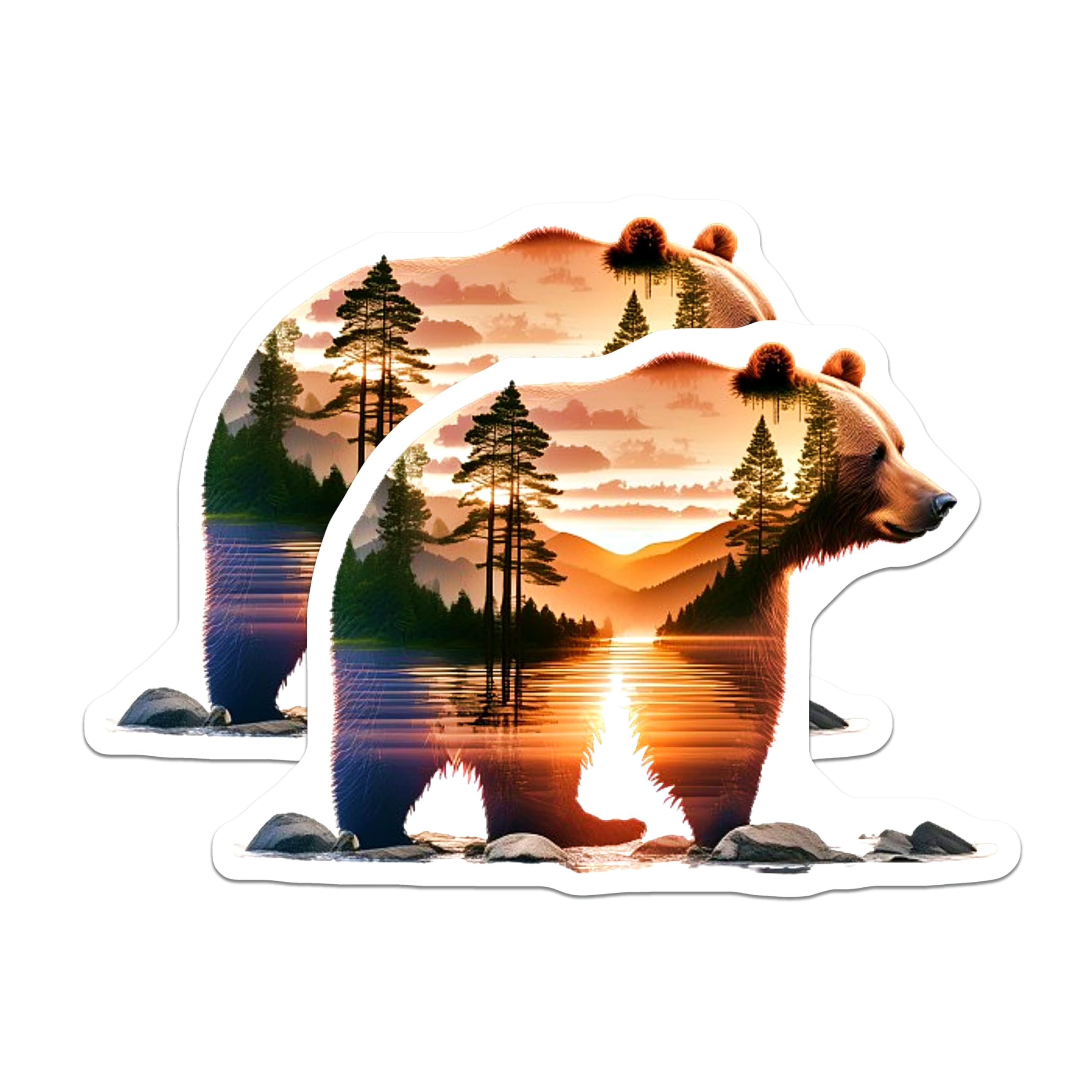 (2 Pack) Bear Stickers - Mountain Scenery Decals - Nature Lover Art- 5" On Longest Side - Sticks to Smooth Flat Surfaces - Made in USA - BMCS16392