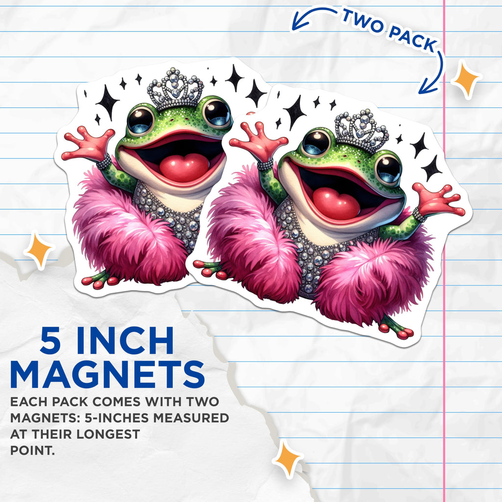 (2 Pack) Diva Frog Magnets - Glamorous Queen Amphibian Decor - Sparkly Crowned Toad - Whimsical Refrigerator Locker Art - 5 Inches On Longest Side - Thick Durable Magnet - Made in USA - MAG21857