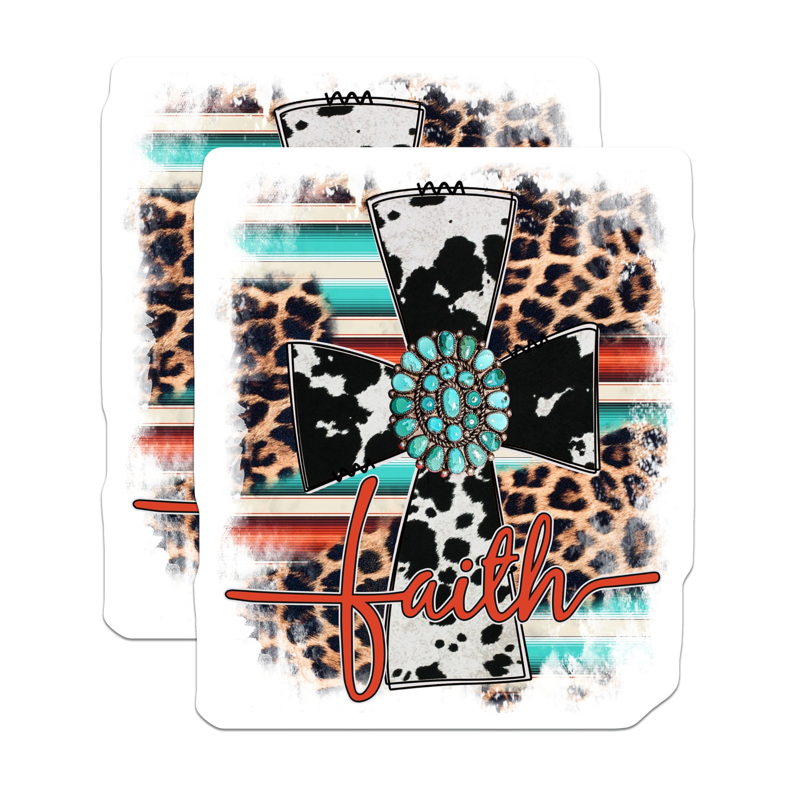 (2 Pack) Western Faith Cross Magnets - Cowhide Leopard Print - Turquoise Concho Serape Design - 5 Inches On Longest Side - Thick Durable Magnet - Made in USA - MAG23864