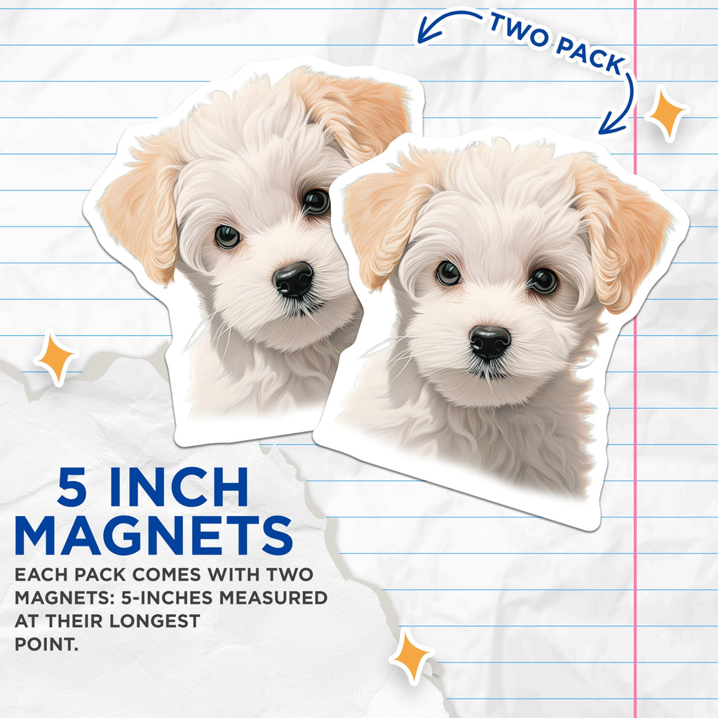 (2 Pack) Cute Puppy Magnets - Adorable Fluffy Dog Lover Refrigerator Decor - Pet Parent Kitchen Accessory - 5 Inches On Longest Side - Thick Durable Magnet - Made in USA - MAG29749