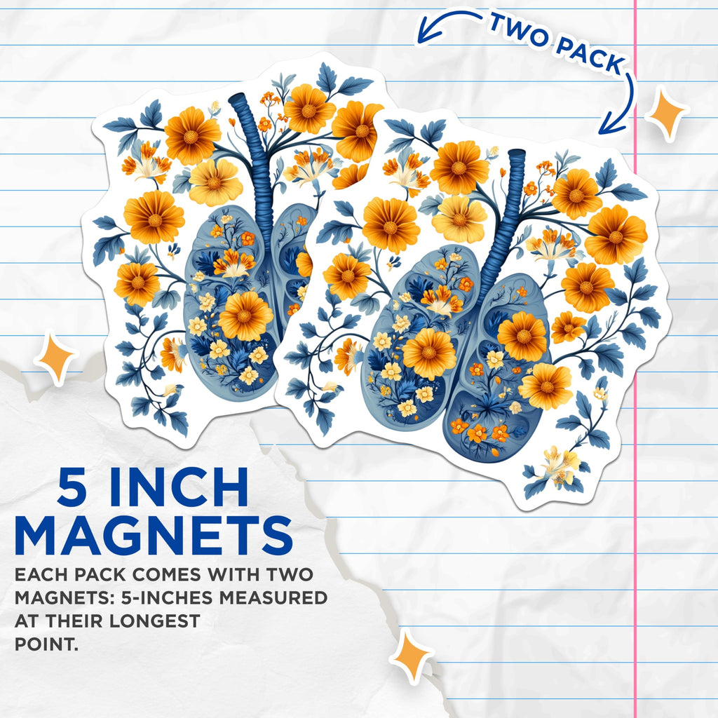 (2 Pack) Floral Lungs Magnets - Anatomical Organ Illustration - Healthcare Worker Appreciation - Science Lover Decor - 5 Inches On Longest Side - Thick Durable Magnet - Made in USA - MAG30741