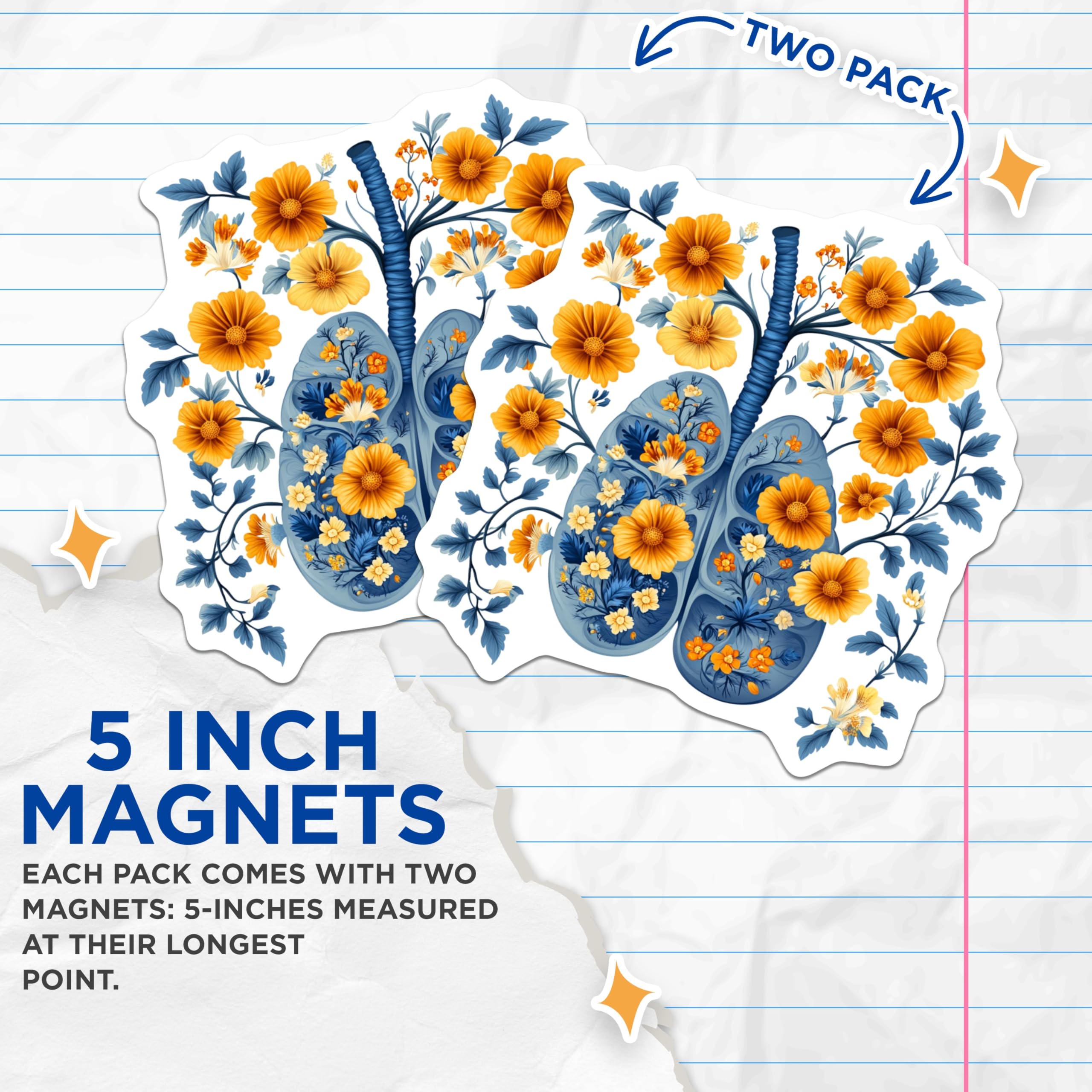 (2 Pack) Floral Lungs Magnets - Anatomical Organ Illustration - Healthcare Worker Appreciation - Science Lover Decor - 5 Inches On Longest Side - Thick Durable Magnet - Made in USA - MAG30741