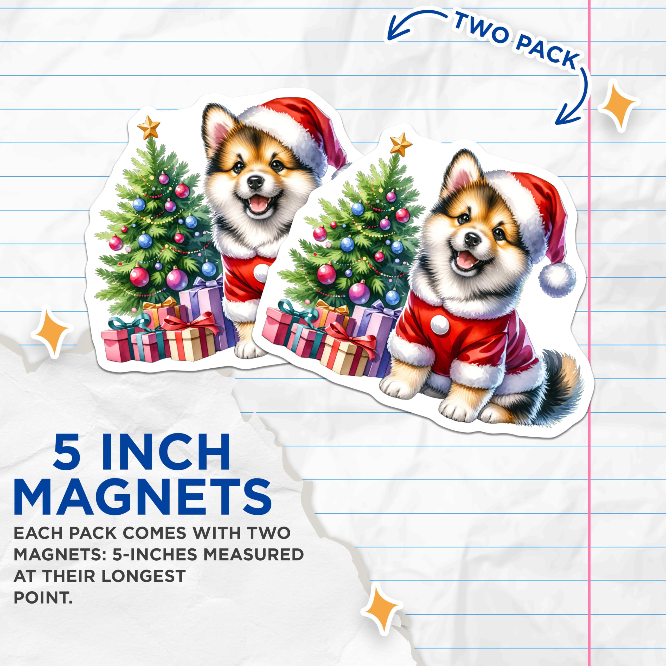 (2 Pack) Cute Christmas Dog Magnets - Santa Puppy Holiday Decor - Refrigerator Locker Accessories - 5 Inches On Longest Side - Thick Durable Magnet - Made in USA - MAG28322
