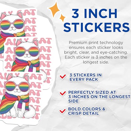 (3 Pack) LGBT Cat Decals - Pride Cat Sticker - Laptop Decals- 3 Inches On Longest Side - Easy Peel & Apply - Made in USA - 3MCS5603