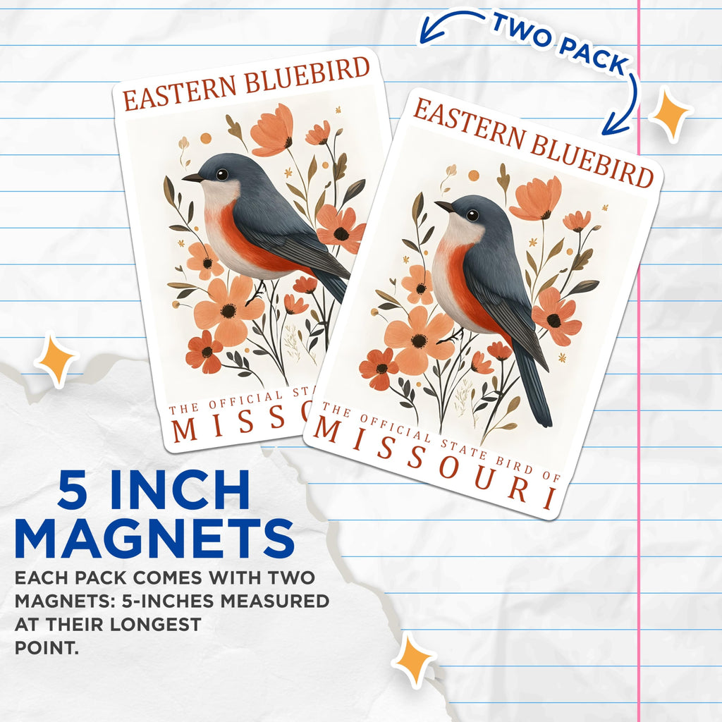 (2 Pack) Eastern Bluebird Magnets - Missouri State Bird - Floral Bird Lover Decor - 5" On Longest Side - Premium Magnet - for Cars, Refrigerators, Toolboxes, Lockers - Made in USA - MAG17699