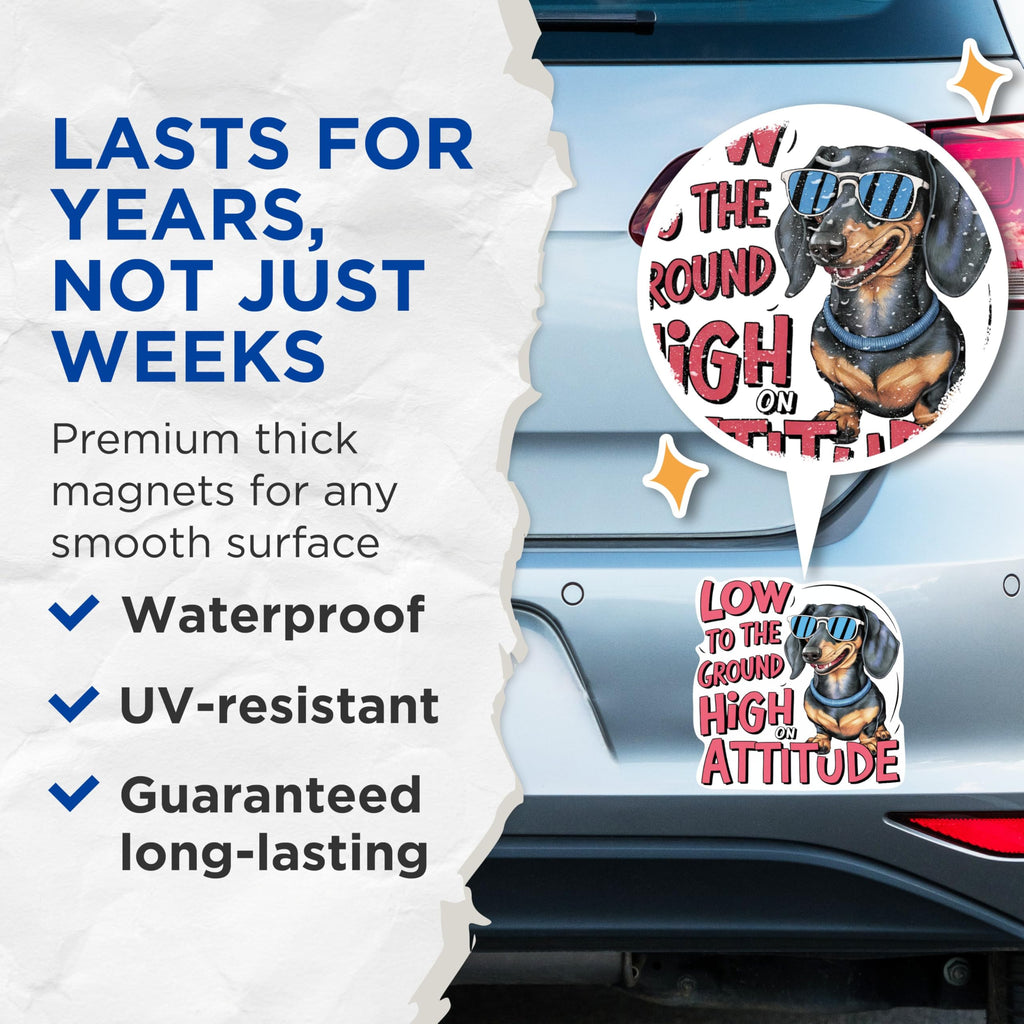 (2 Pack) Low to The Ground High On Attitude Magnets - Weiner Dog Dachshund Dog Breed - 5 Inches On Longest Side - Premium Magnet - for Cars, Refrigerators, Toolboxes - Made in USA - MAG2145