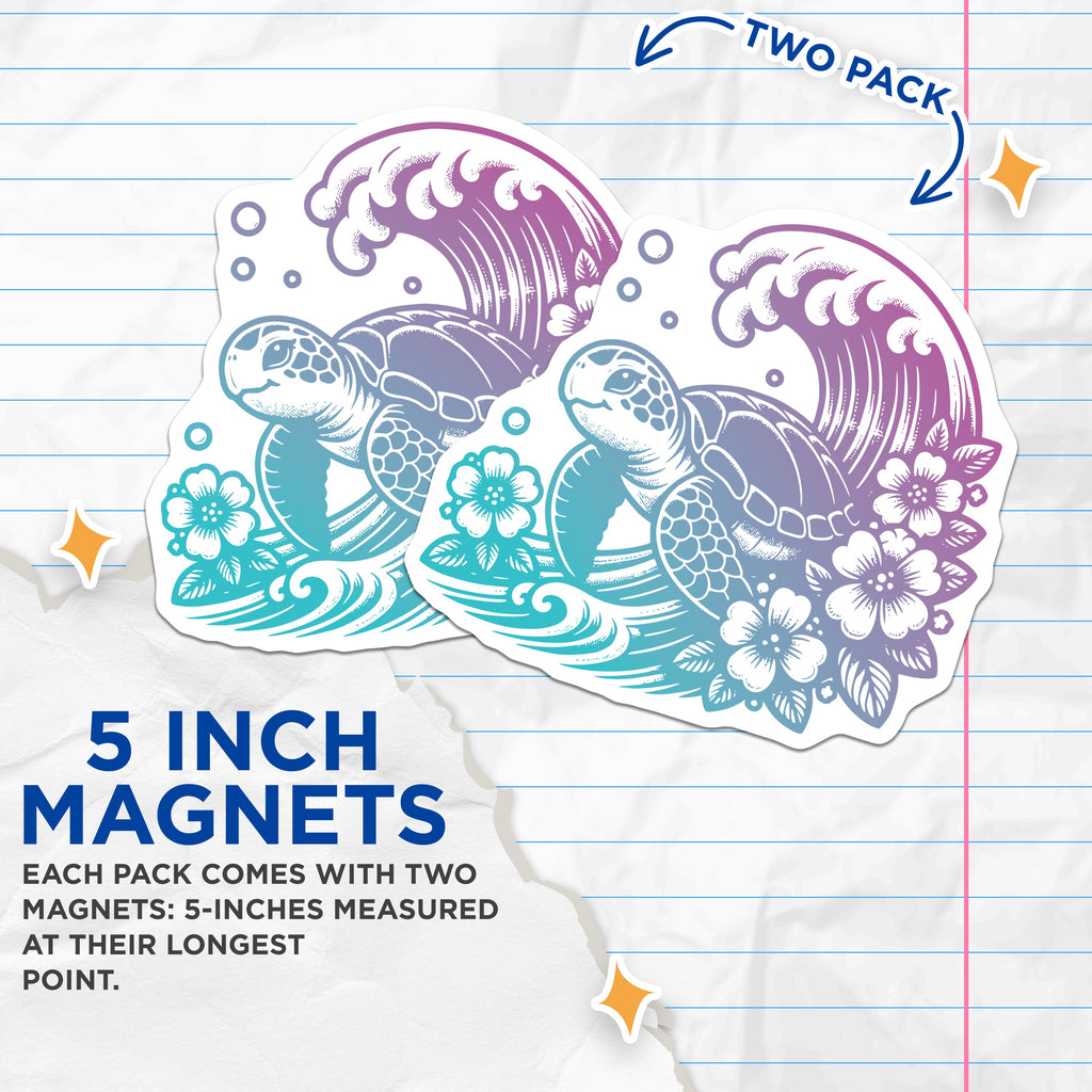 (2 Pack) Sea Turtle Ocean Wave Magnets - Tropical Floral Art - Coastal Home Decor - 5 Inches On Longest Side - Thick Durable Magnet - Made in USA - MAG36979