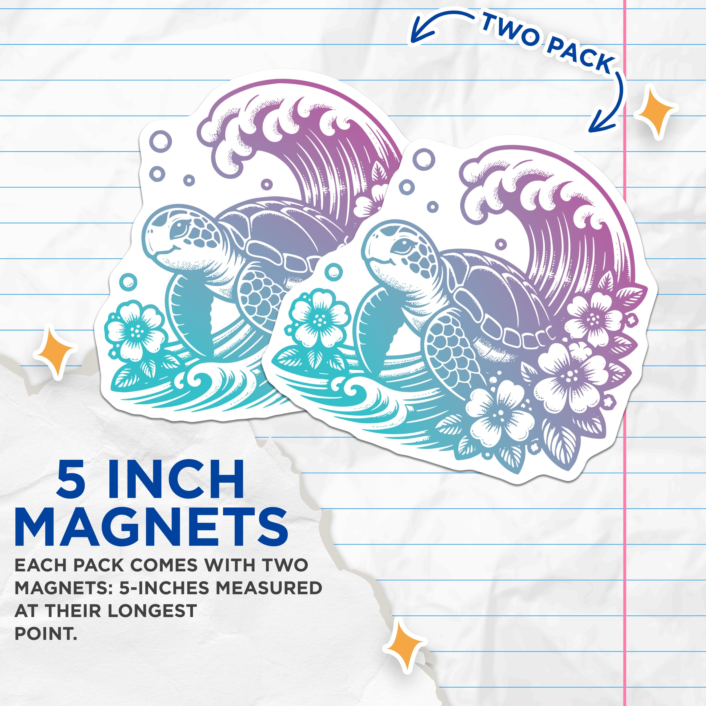 (2 Pack) Sea Turtle Ocean Wave Magnets - Tropical Floral Art - Coastal Home Decor - 5 Inches On Longest Side - Thick Durable Magnet - Made in USA - MAG36979